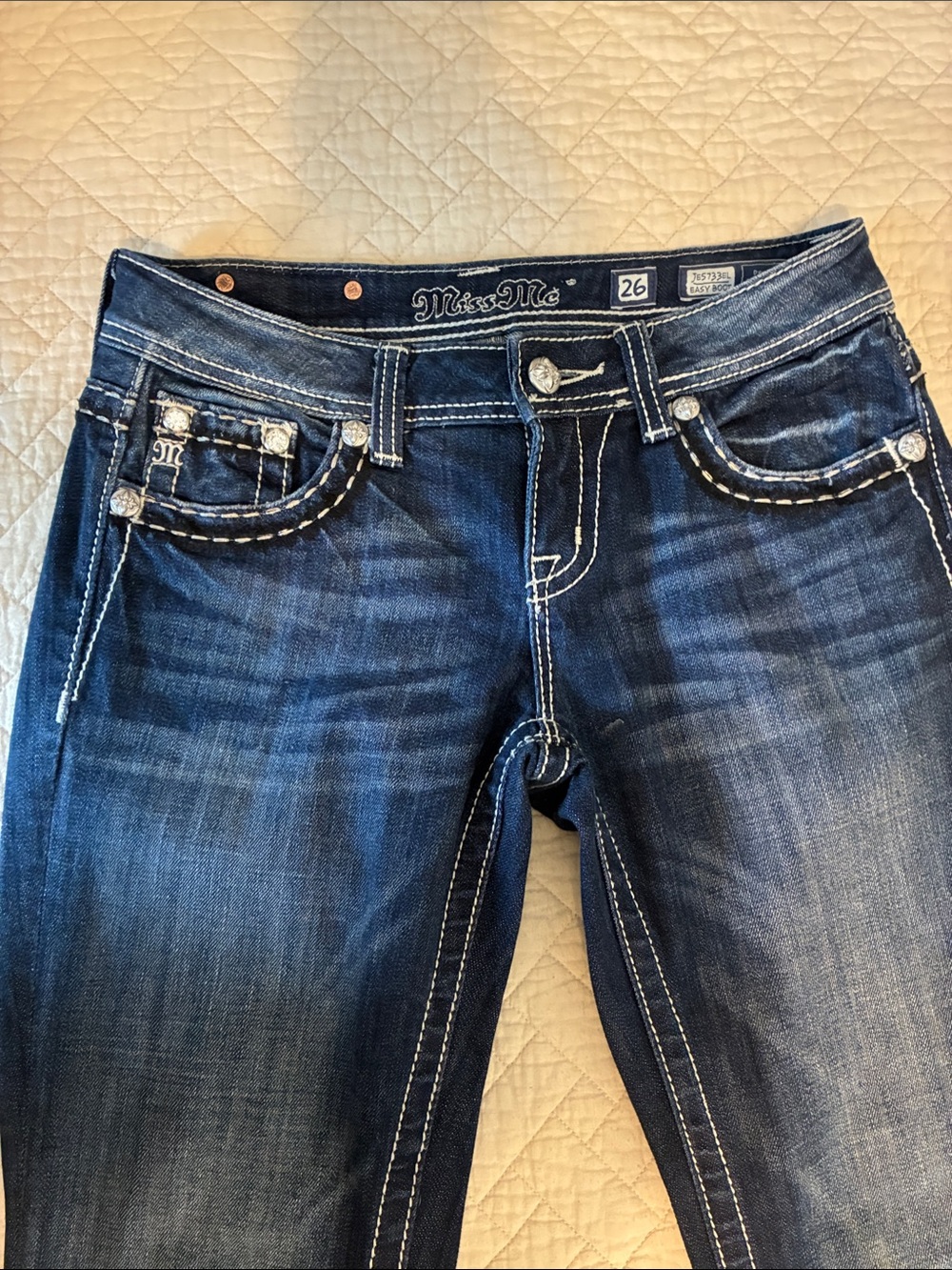 Miss Me Skinny Jeans in Dark Blue with White Stitching